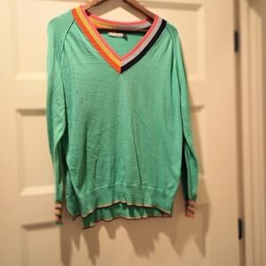 Zaket And Plover Color Block Teal Green V-Neck Sweater